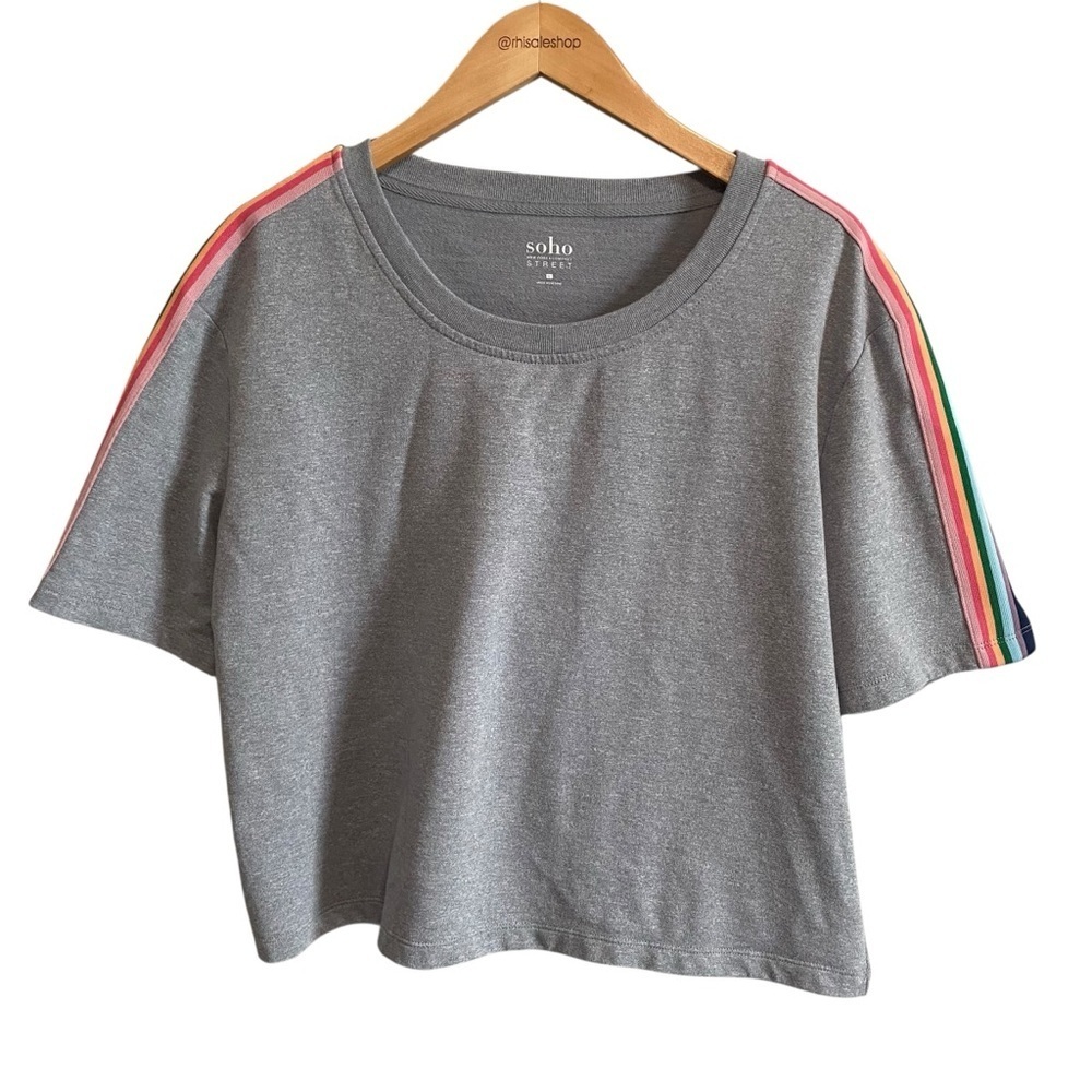 NY&CO Gray Rainbow Stripe Crew Neck Short Sleeve Crop Boxy Tee Size Large